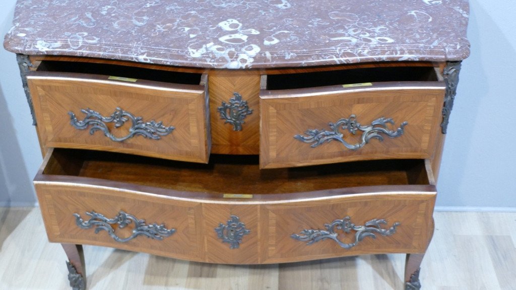Louis XV Style Jigsaw Chest Of Drawers In Rosewood Frieze, Red Marble Top, 20th Century-photo-6