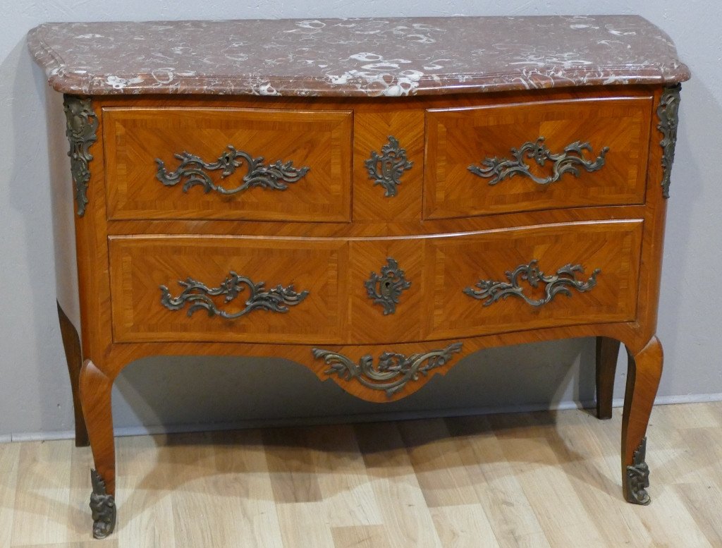 Louis XV Style Jigsaw Chest Of Drawers In Rosewood Frieze, Red Marble Top, 20th Century
