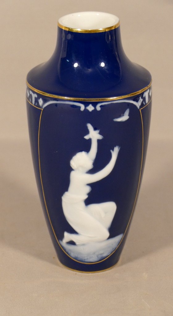 Marcel Chaufriasse, Vase En Porcelaine Barbotine De Limoges, Jeune Femme Aux Colombes-photo-2