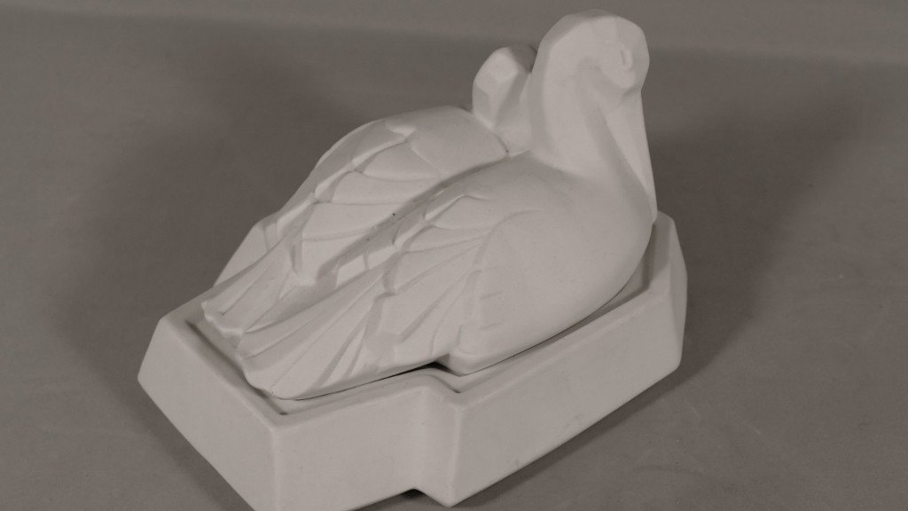 Pelican Box Sculpture In Porcelain Biscuit Art Deco Period-photo-4