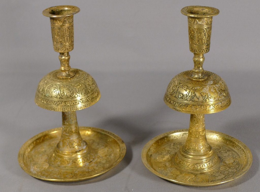 Pair Of Oriental Candlesticks, Byzantine? Persian? Islamic? Late 18th Century, Early 19th Century
