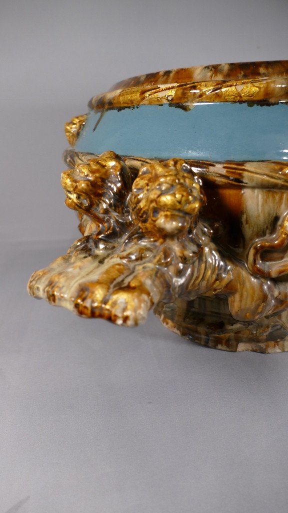 Important Basin, Cache Pot, Planter In The Taste Of Massier, Flamed Ceramic With Lions-photo-1