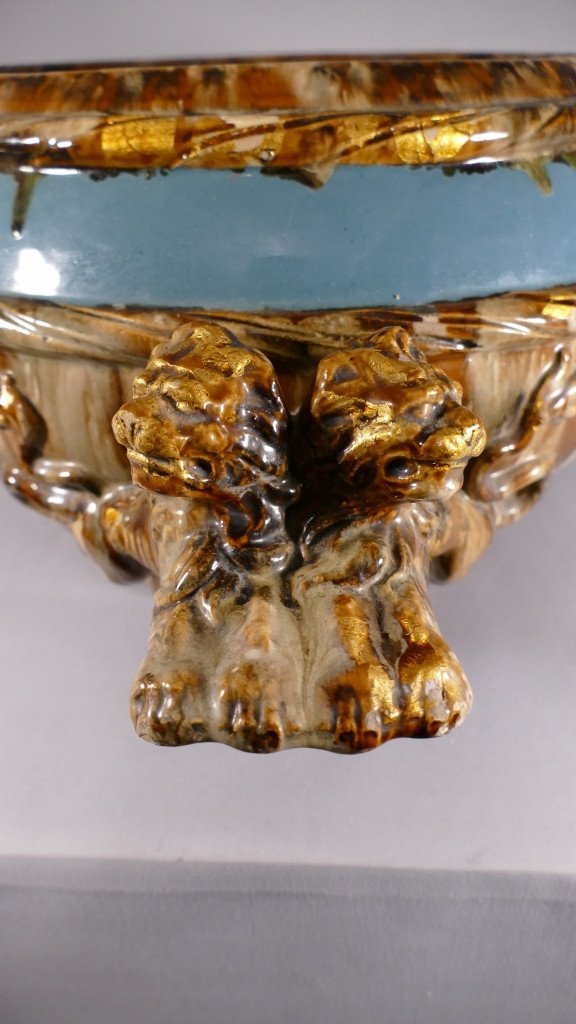 Important Basin, Cache Pot, Planter In The Taste Of Massier, Flamed Ceramic With Lions-photo-2