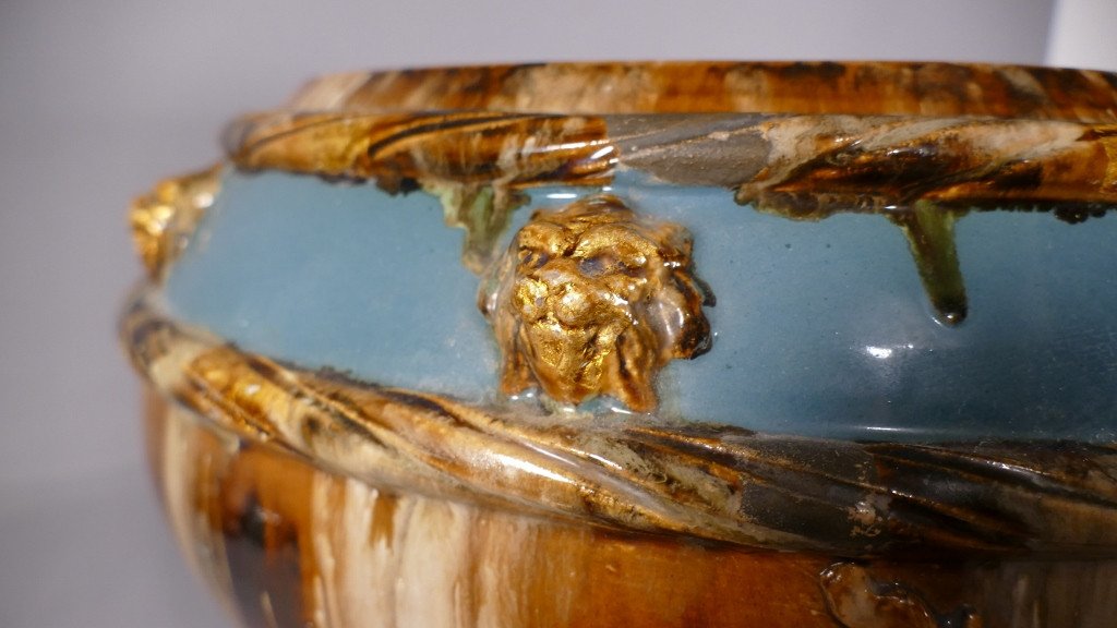 Important Basin, Cache Pot, Planter In The Taste Of Massier, Flamed Ceramic With Lions-photo-4