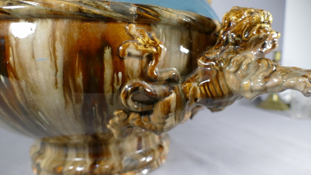 Importante Vasque, Cache Pot, Jardinière Dans Le Goût De Massier, Céramique Flammée Aux Lions-photo-5