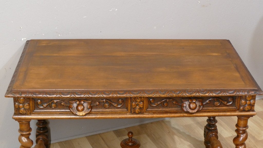 Louis XIII Renaissance Style Flat Desk In Solid Oak, Late Nineteenth Time-photo-2