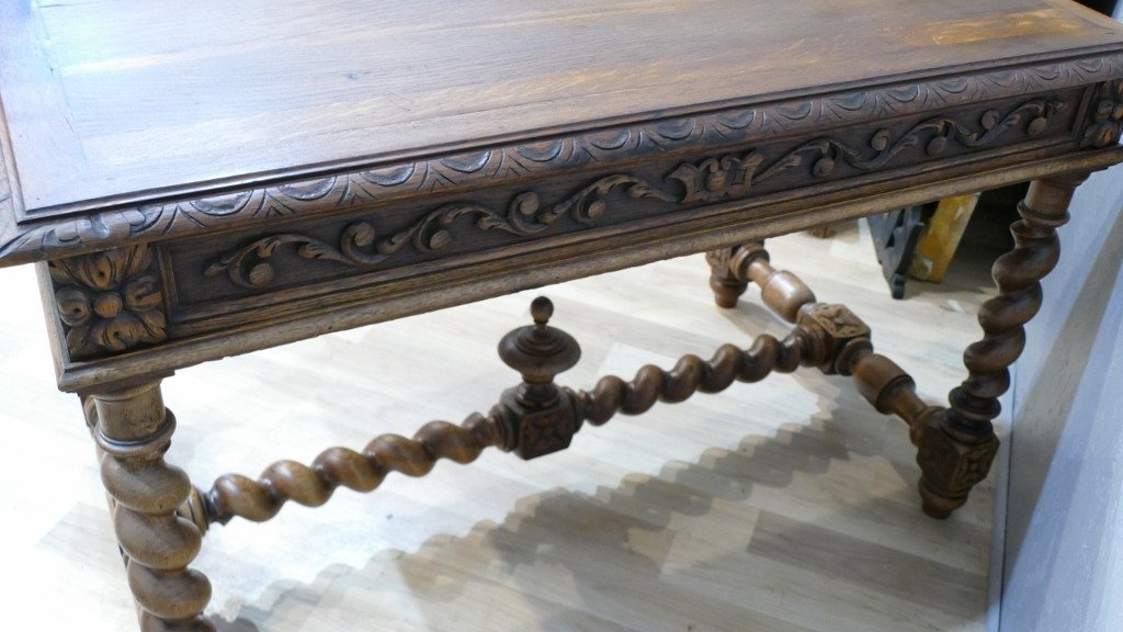 Louis XIII Renaissance Style Flat Desk In Solid Oak, Late Nineteenth Time-photo-3