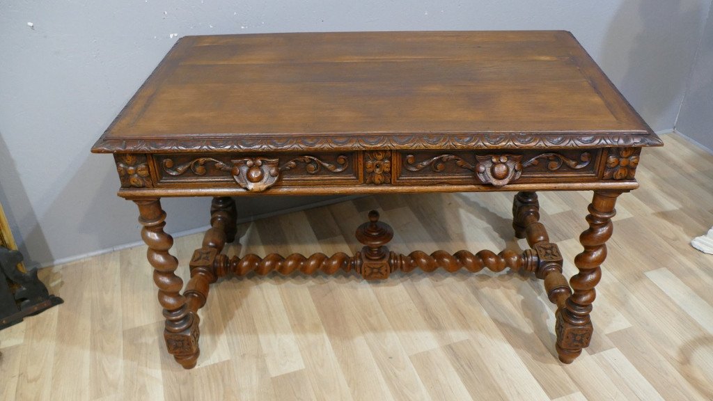 Louis XIII Renaissance Style Flat Desk In Solid Oak, Late Nineteenth Time-photo-5