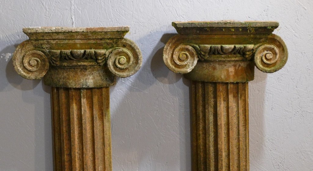 Architecture, Pair Of Large Half Columns In Cement With Ionic Capitals, Early 20th Century-photo-1