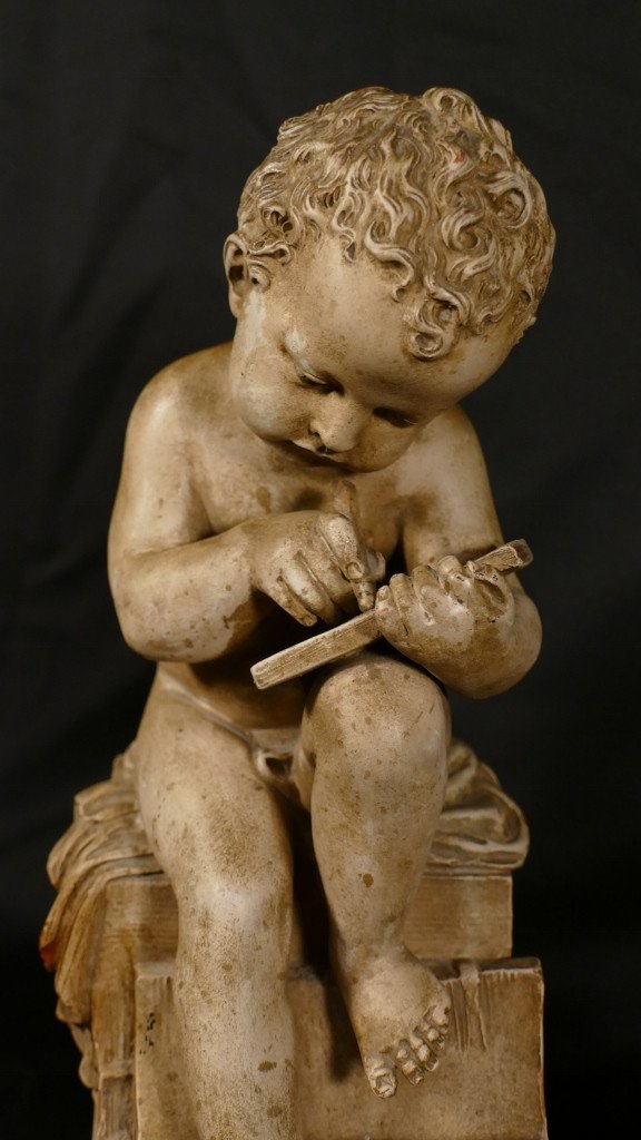 Enfant dessinant d'Après Canova, Sculpture En Terre Cuite Fin XIX ème-photo-2