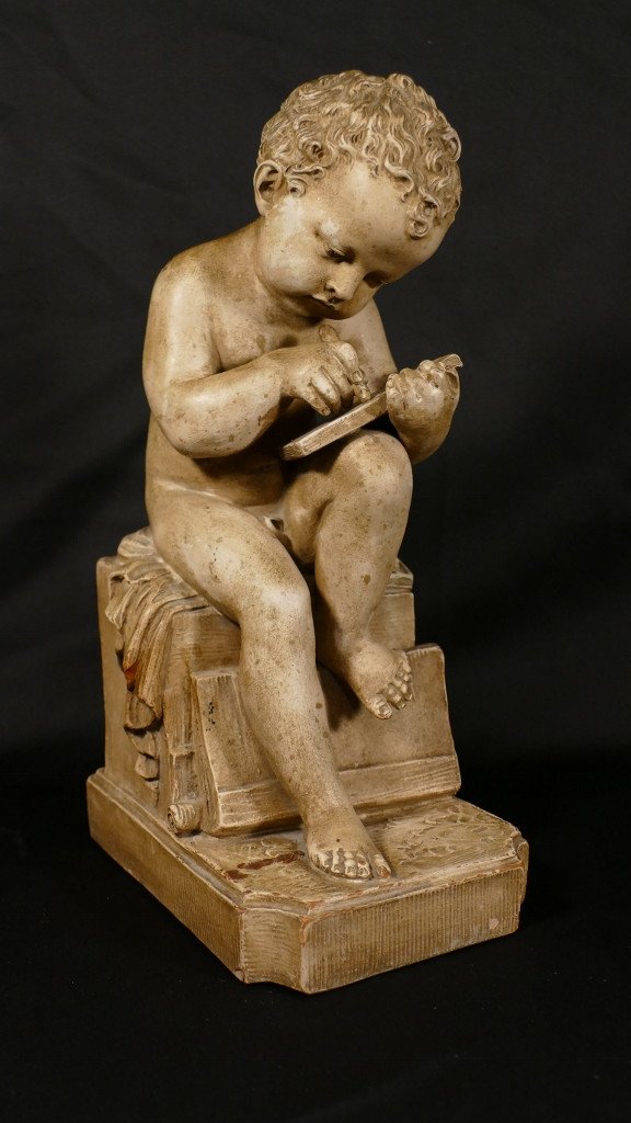 Enfant dessinant d'Après Canova, Sculpture En Terre Cuite Fin XIX ème