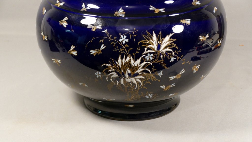 Large Enamelled Earthenware Cache Pot Decorated With Flowers And Bees, Gien? Moonville?-photo-2