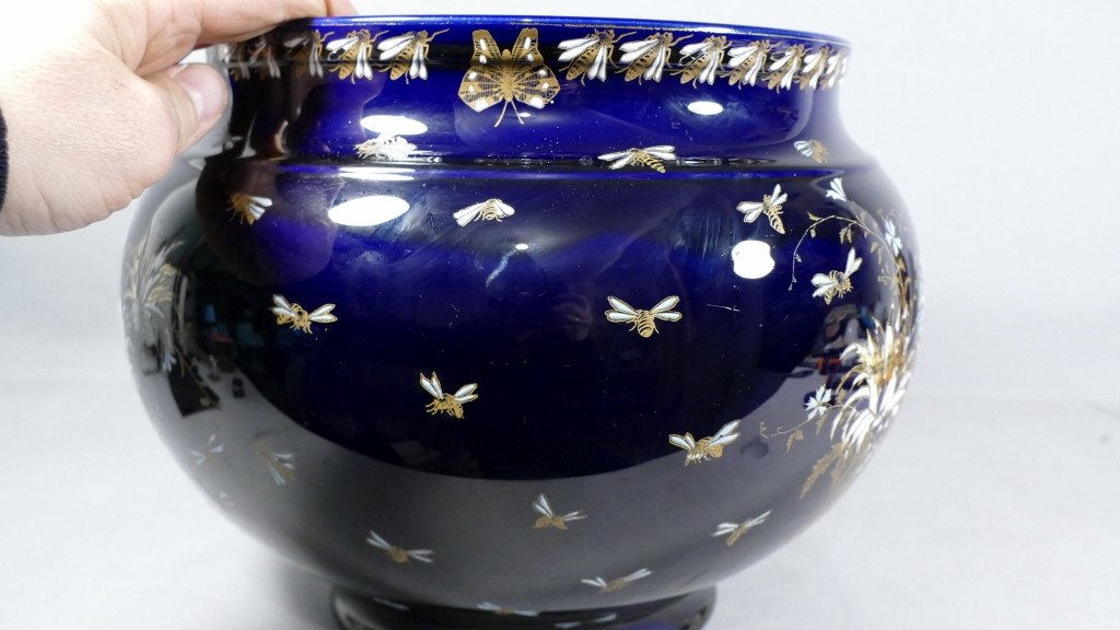Large Enamelled Earthenware Cache Pot Decorated With Flowers And Bees, Gien? Moonville?-photo-3