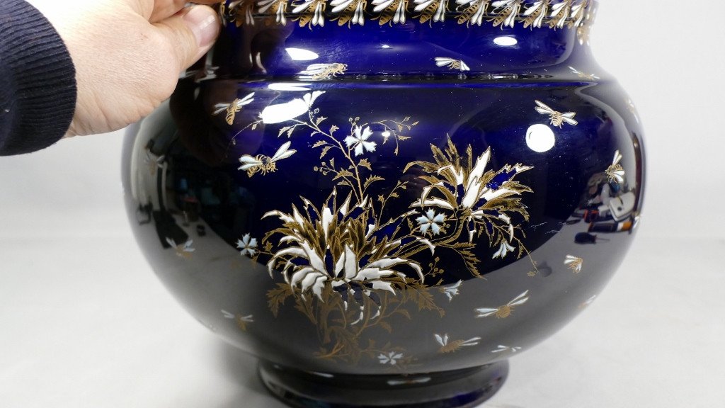 Large Enamelled Earthenware Cache Pot Decorated With Flowers And Bees, Gien? Moonville?-photo-4