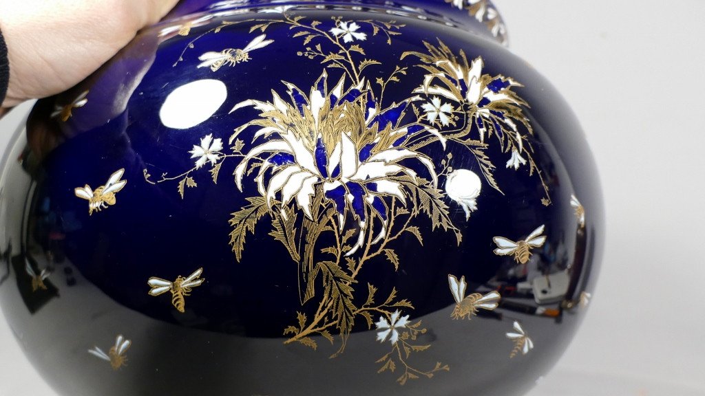 Large Enamelled Earthenware Cache Pot Decorated With Flowers And Bees, Gien? Moonville?-photo-5