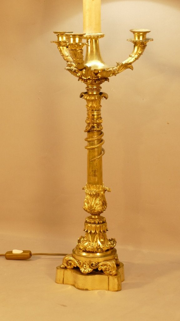 Grande Lampe Candélabre En Bronze Doré d'époque Restauration, Début XIX ème-photo-2