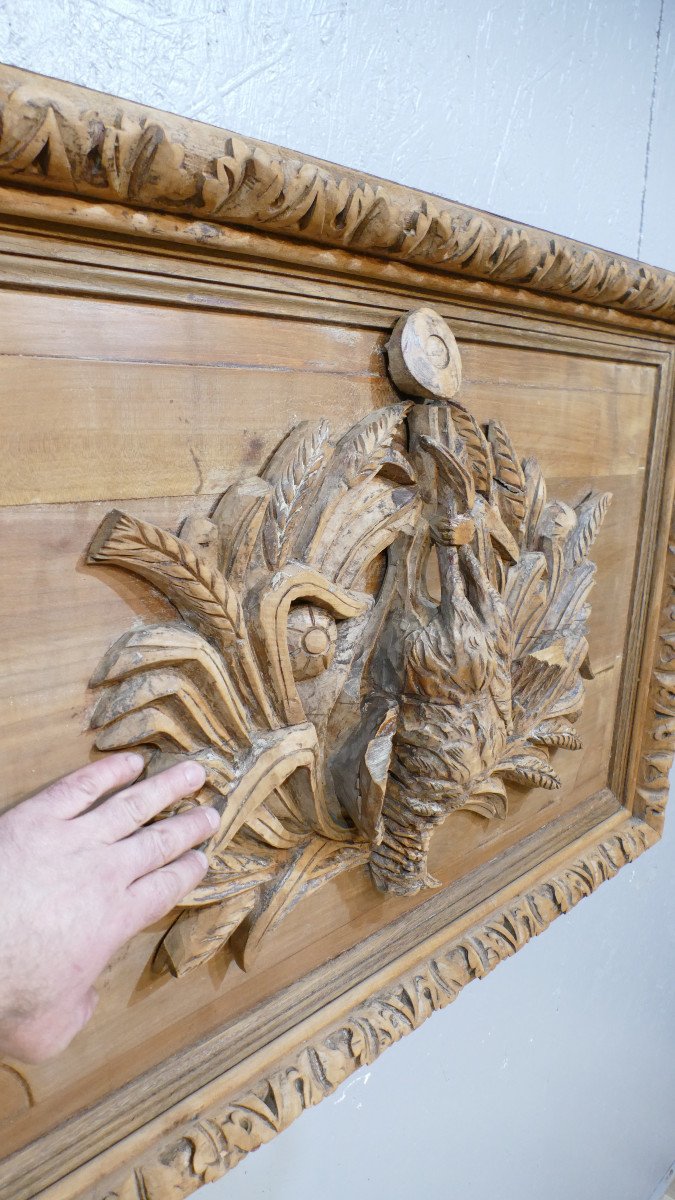 Woodwork Panel With Carved Pheasant, Game Hunting Trophy, XIX-photo-2