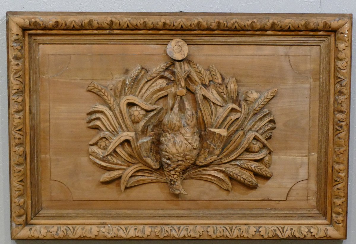 Woodwork Panel With Carved Pheasant, Game Hunting Trophy, XIX