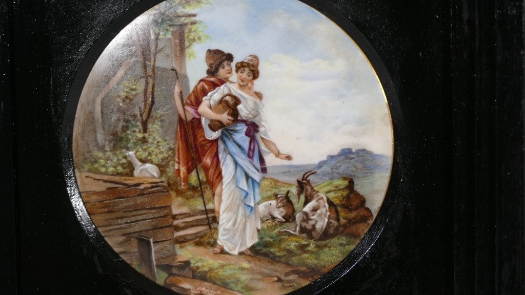 Pair Of Medallions, Hand Painted Porcelain Plates, Galante Scene, Late 19th Century-photo-4