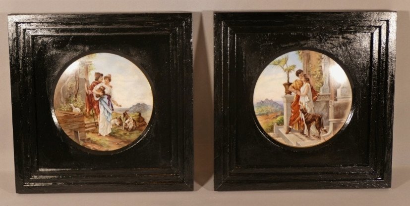 Pair Of Medallions, Hand Painted Porcelain Plates, Galante Scene, Late 19th Century