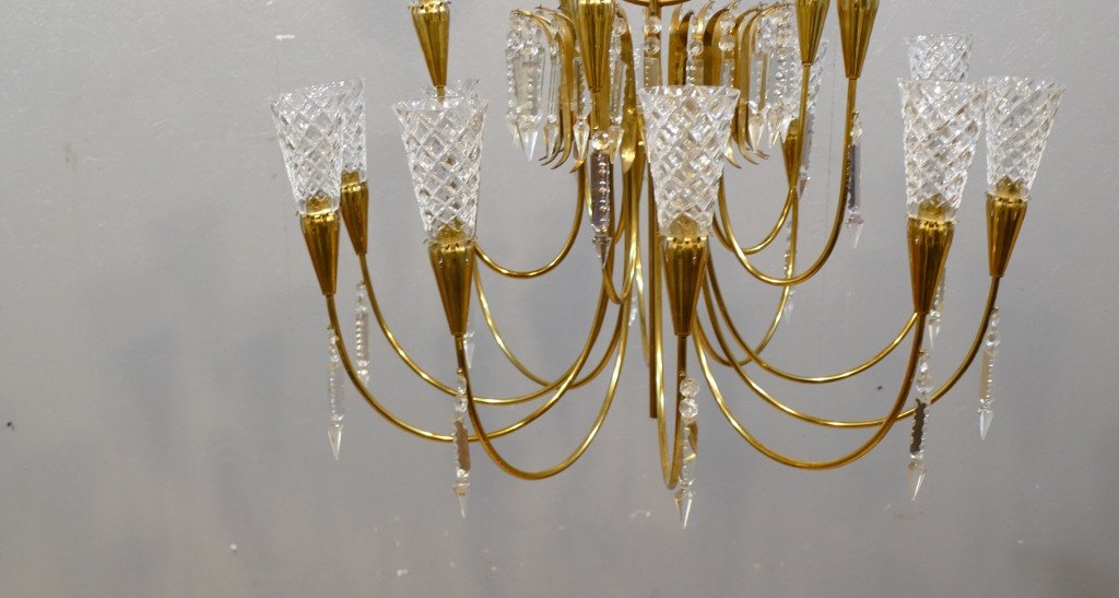 Large Vintage Design Chandelier In Brass And Crystal With 15 Lights, Around 1970, Italy?-photo-2