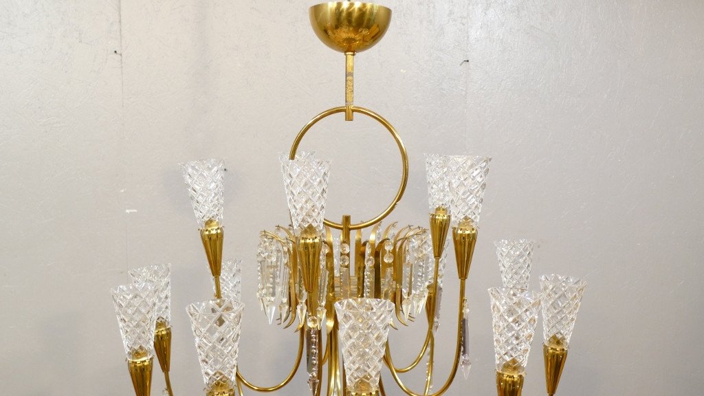 Grand Lustre Design Vintage En Laiton Et Cristal à 15 Lumières, époque Vers 1970, Italie?-photo-3