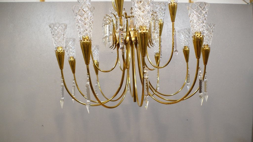 Grand Lustre Design Vintage En Laiton Et Cristal à 15 Lumières, époque Vers 1970, Italie?-photo-4