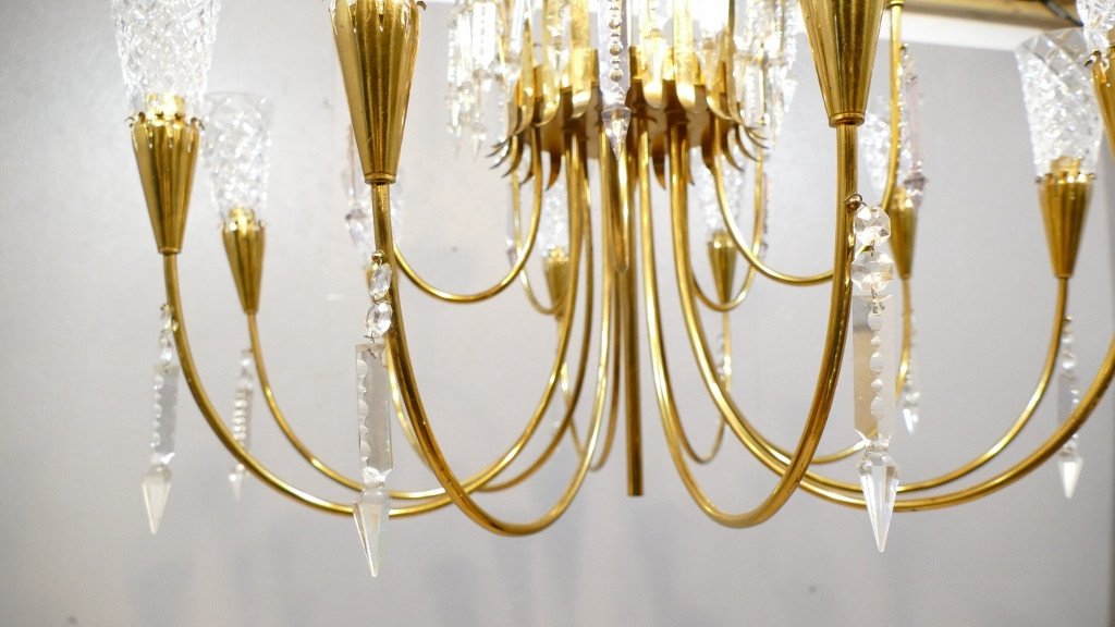 Large Vintage Design Chandelier In Brass And Crystal With 15 Lights, Around 1970, Italy?-photo-1