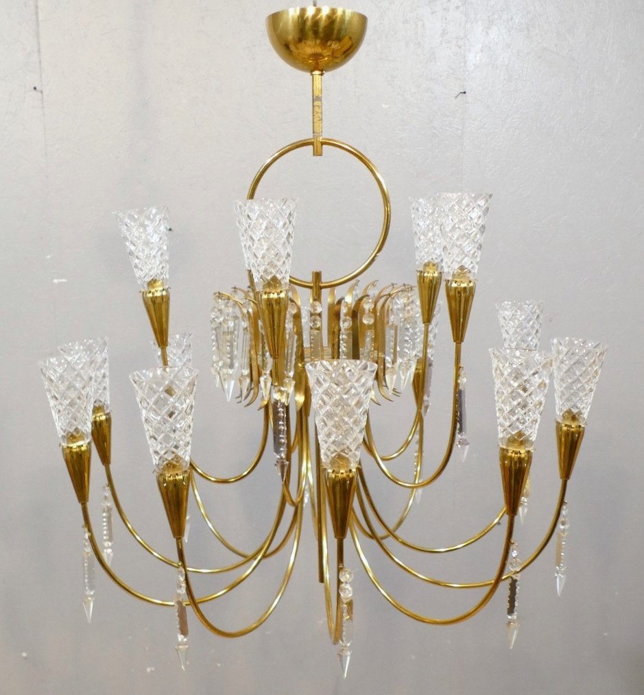 Large Vintage Design Chandelier In Brass And Crystal With 15 Lights, Around 1970, Italy?