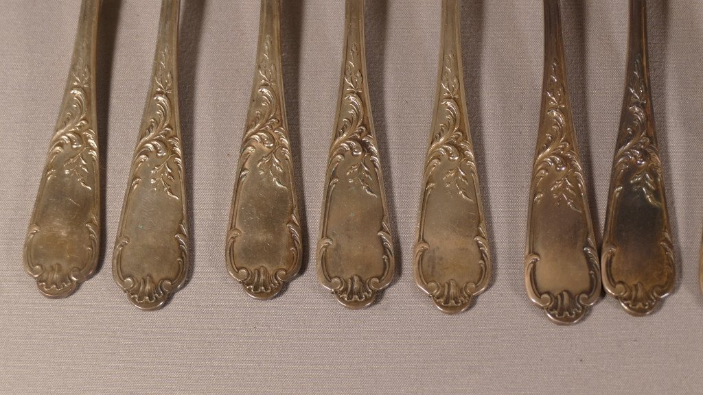 12 Fourchettes à Escargots De Style Louis XV En Métal Argenté, époque Début XX ème-photo-2