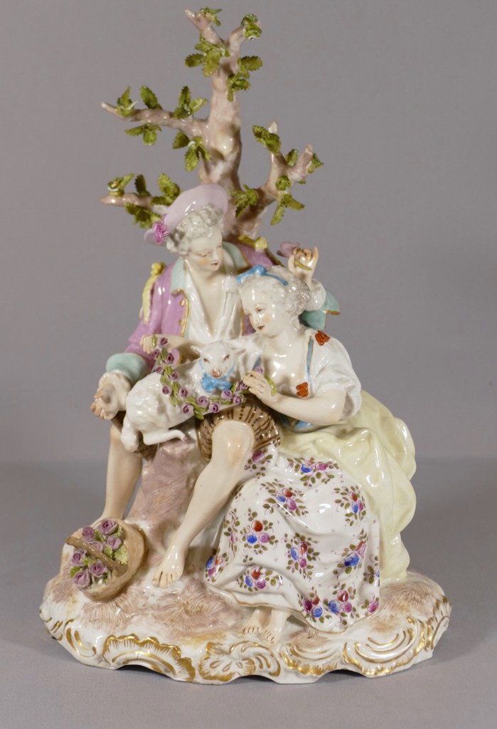 Galante Scene Group With Shepherds In Samson Porcelain, Saxony Or Meissen, XIXth