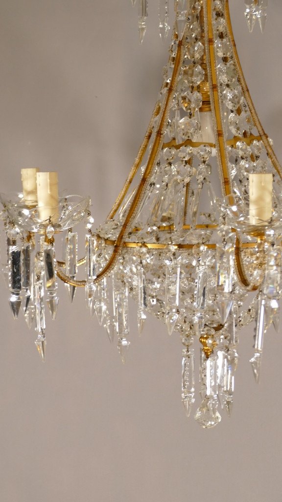 Louis XVI Style Basket Chandelier In Golden Brass And Crystal, Early 20th Century-photo-2
