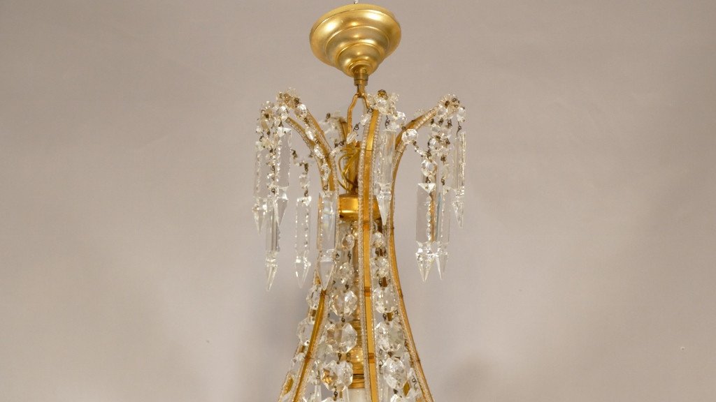 Louis XVI Style Basket Chandelier In Golden Brass And Crystal, Early 20th Century-photo-4
