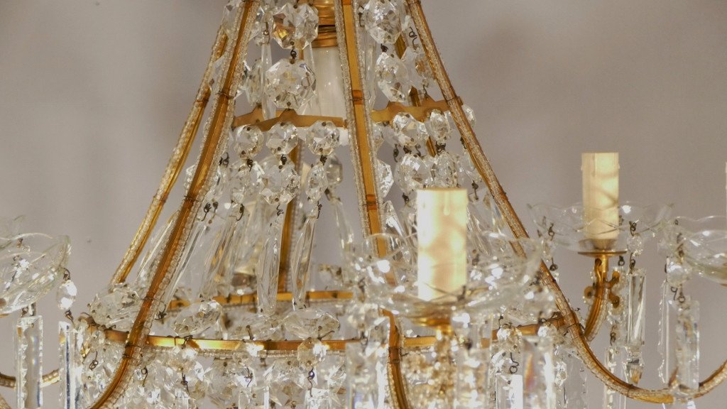 Louis XVI Style Basket Chandelier In Golden Brass And Crystal, Early 20th Century-photo-1