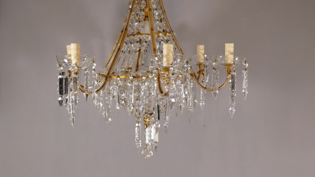 Louis XVI Style Basket Chandelier In Golden Brass And Crystal, Early 20th Century-photo-5