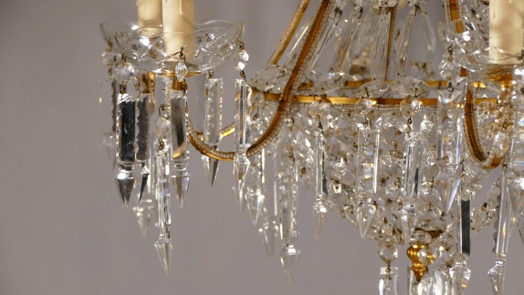 Louis XVI Style Basket Chandelier In Golden Brass And Crystal, Early 20th Century-photo-6