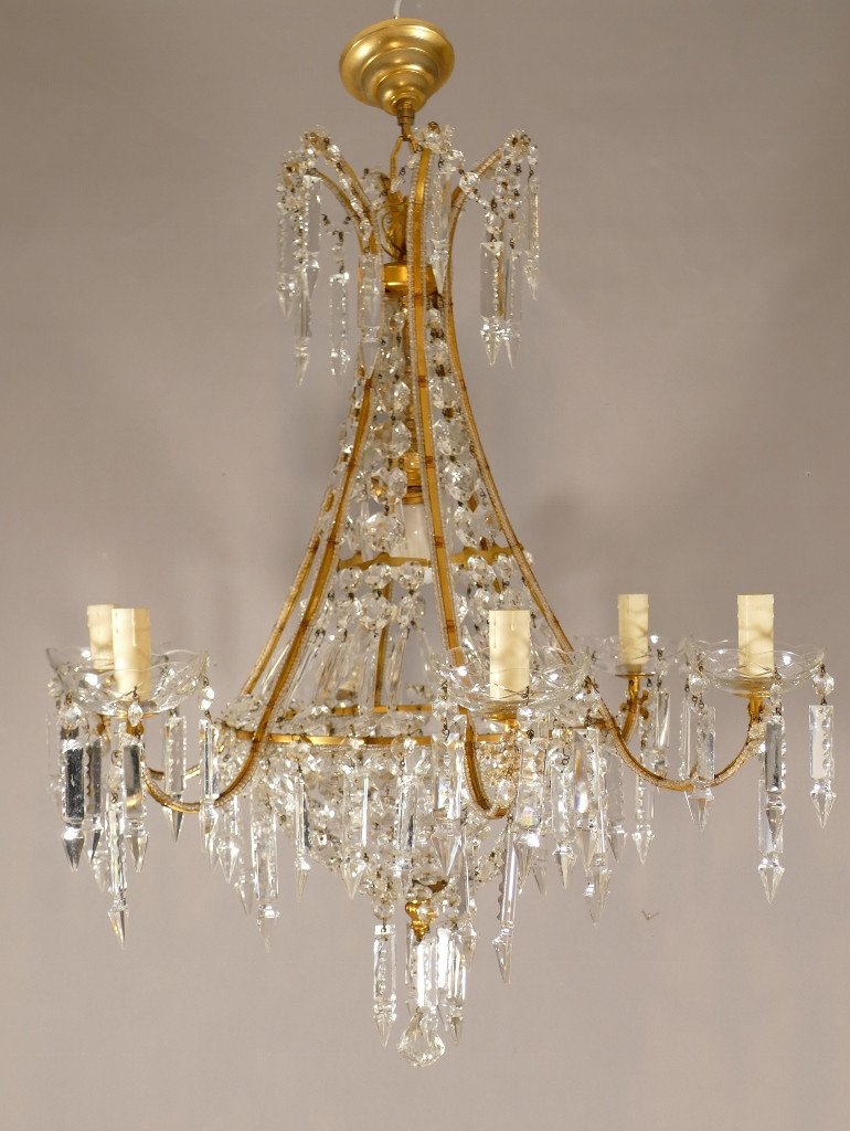 Louis XVI Style Basket Chandelier In Golden Brass And Crystal, Early 20th Century