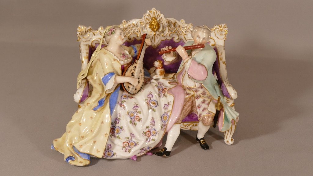 Couple Galant Musiciens, Groupe En Porcelaine Eugène Clauss, Paris,  Meissen, époque XIX ème-photo-3