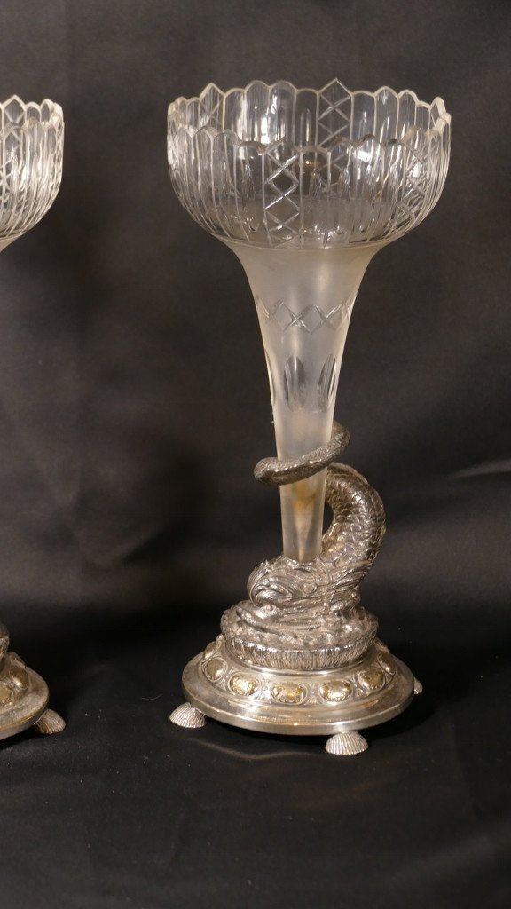 Pair Of Soliflore Vases In Cut Crystal And Dolphin Mount In Silver Metal XIX-photo-3