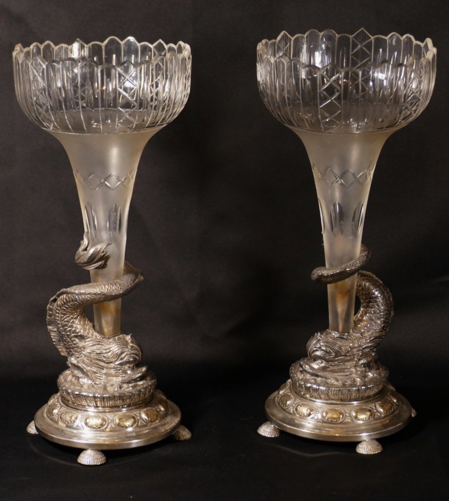 Pair Of Soliflore Vases In Cut Crystal And Dolphin Mount In Silver Metal XIX