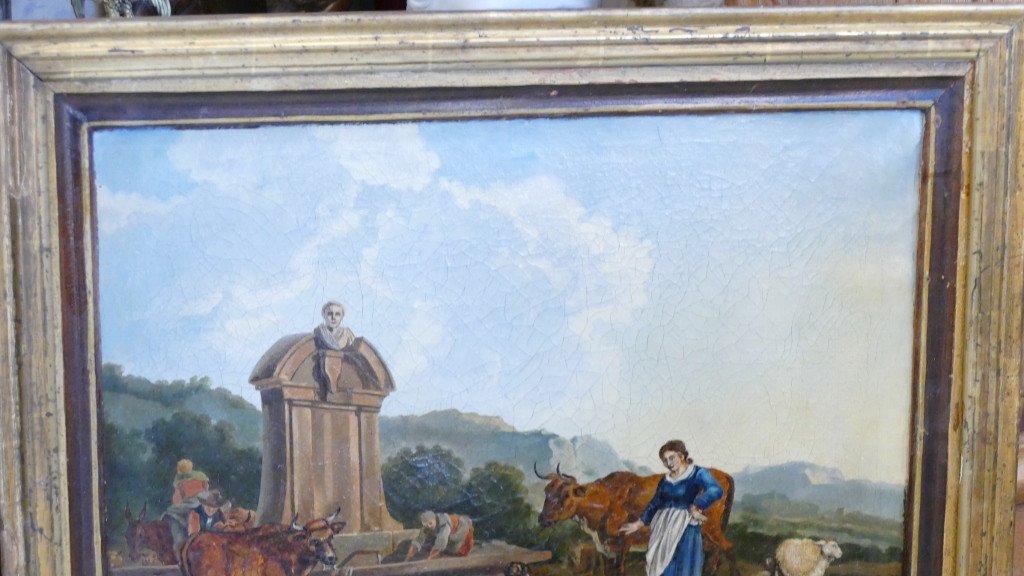 Bergères Et Animaux à La Fontaine, Tableau Huile Sur Toile Fin XVIII ème-photo-3