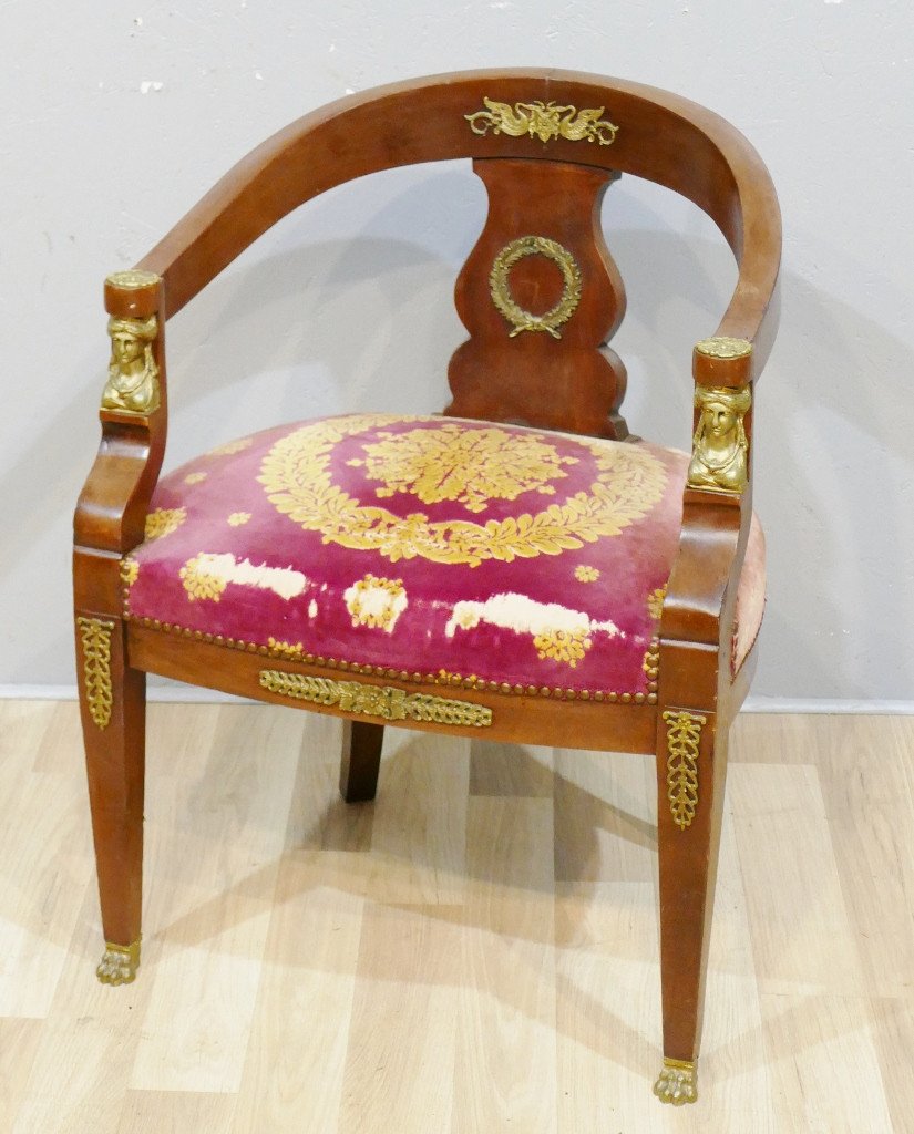 Empire Style Office Armchair In Mahogany And Bronze, Late Nineteenth Time