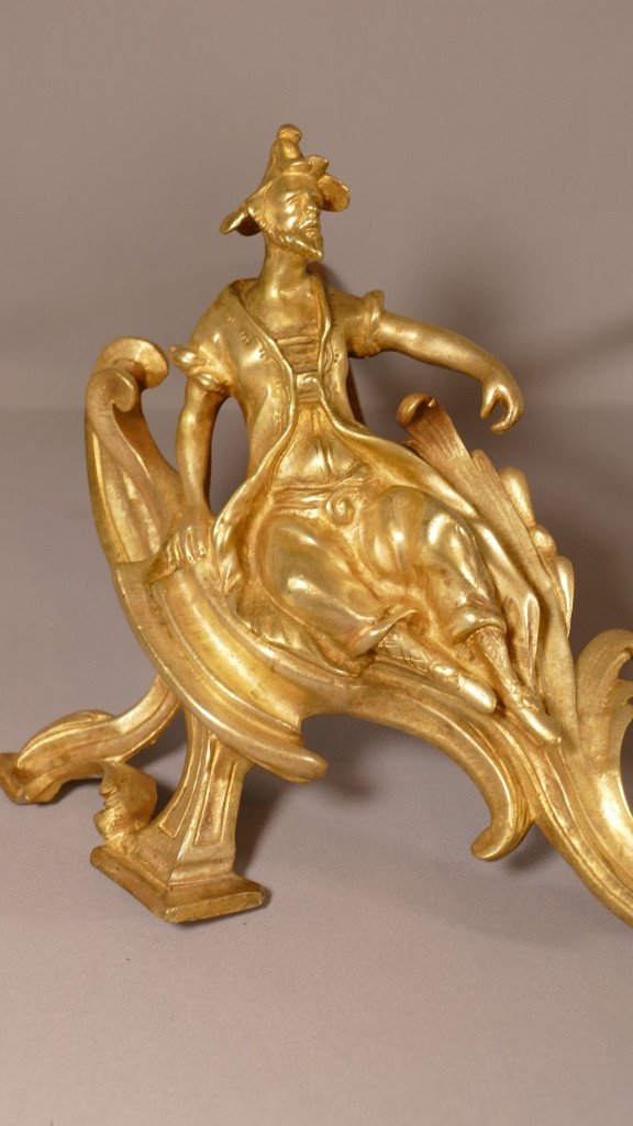 Pair Of 18th Century Andirons In Gilt Bronze, Louis XV, Woman And Man, In The Taste Of China-photo-3