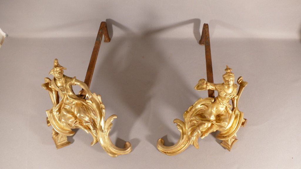 Pair Of 18th Century Andirons In Gilt Bronze, Louis XV, Woman And Man, In The Taste Of China-photo-7