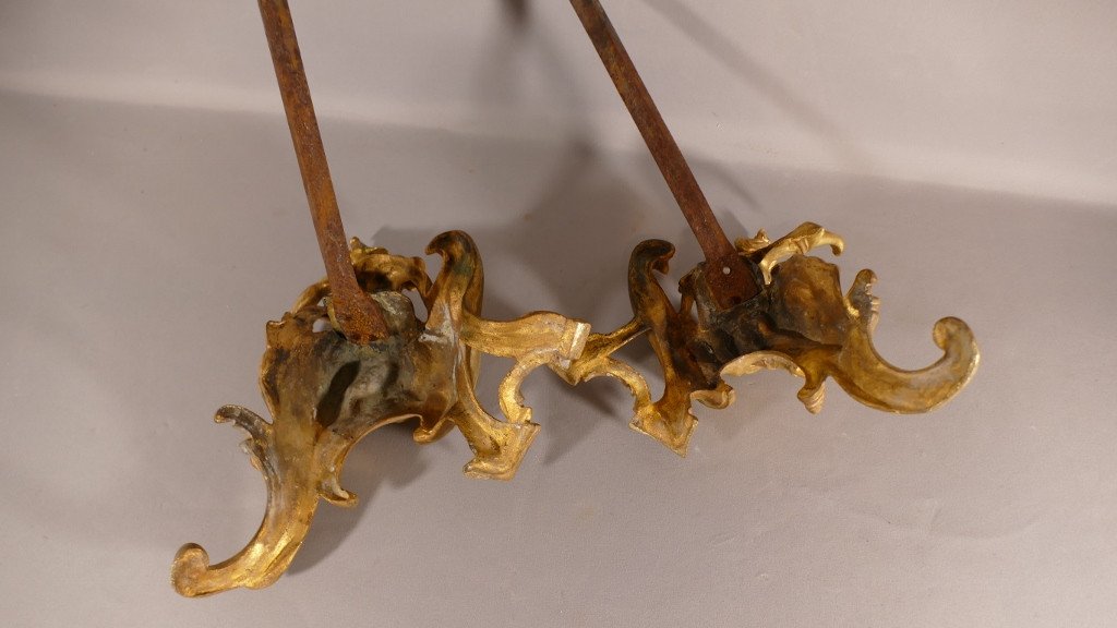 Pair Of 18th Century Andirons In Gilt Bronze, Louis XV, Woman And Man, In The Taste Of China-photo-8