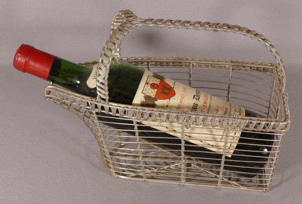 Decanter, Wine Bottle Holder In Silver Metal, Mid 20th Century