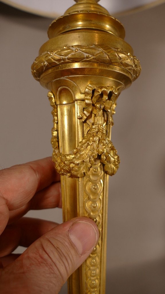 Large Louis XVI Style Gilt Bronze Lamp With Female Mascarons, XIXth Time-photo-2