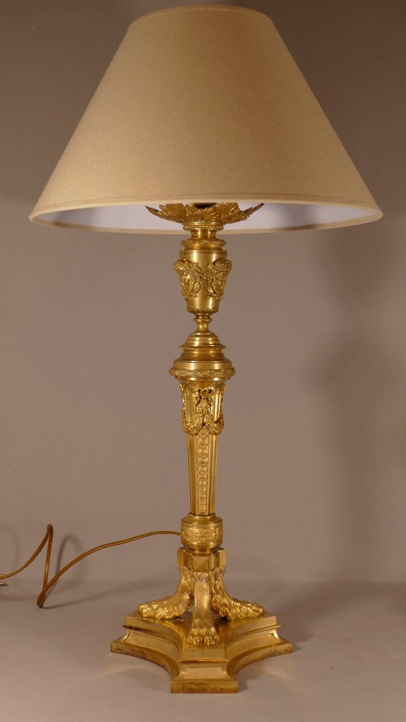 Large Louis XVI Style Gilt Bronze Lamp With Female Mascarons, XIXth Time