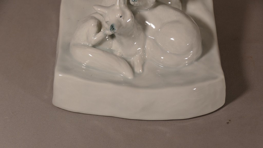 Statuette Animalière, Les 3 Renardeaux, Porcelaine Céladon Et Grise XX ème-photo-3