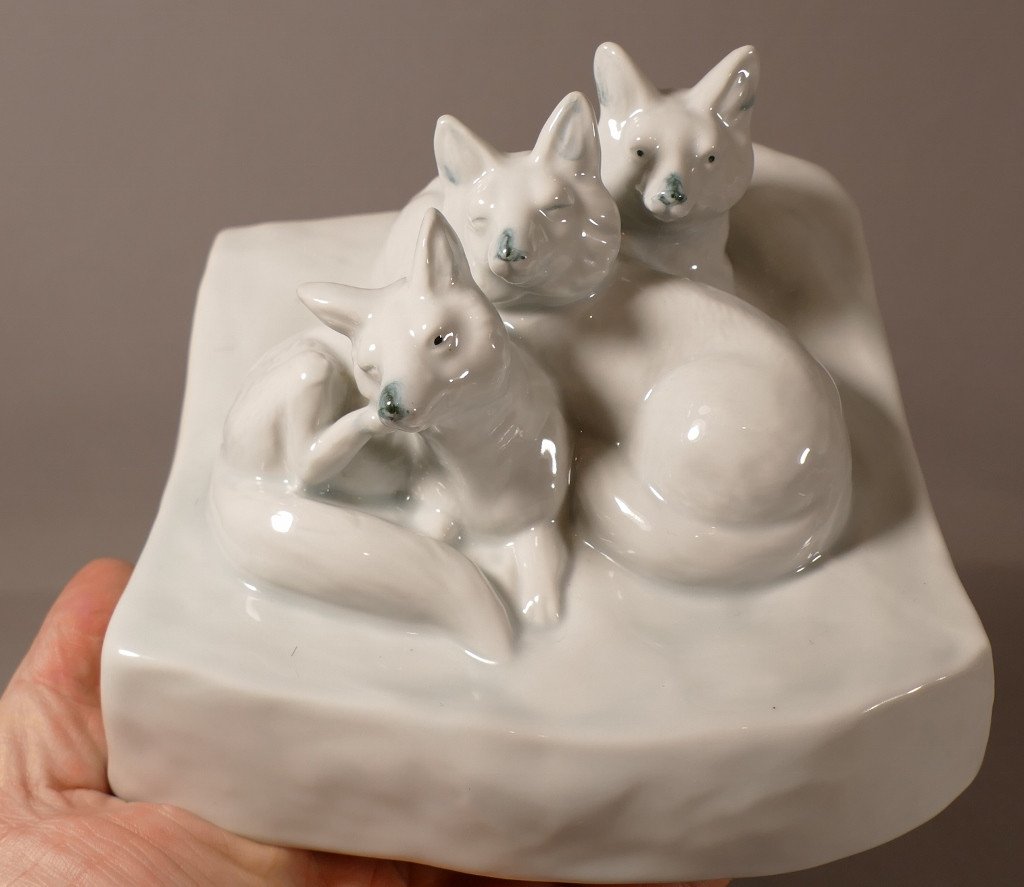 Animal Statuette, The 3 Foxes, Celadon And Gray Porcelain XXth-photo-4